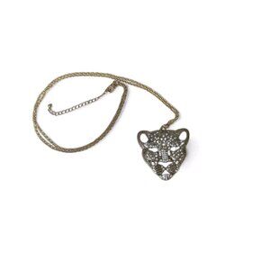Unique Leopard Head  Crystals Gold Tone Pendant Statement Necklace
